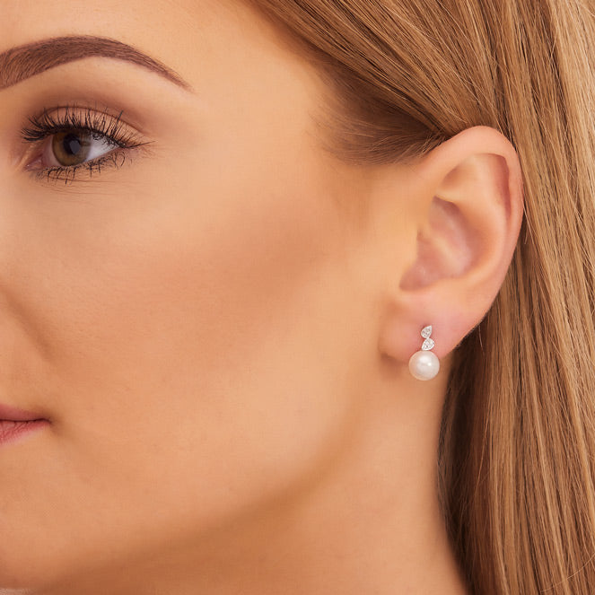 Freshwater Pearl Diamond Drop Earrings 0.06ct Diamond 18K White Gold