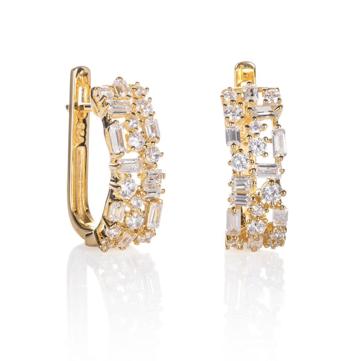 Gold Plated Hoop Earrings with Round and Baguette Cubic Zirconia Stones