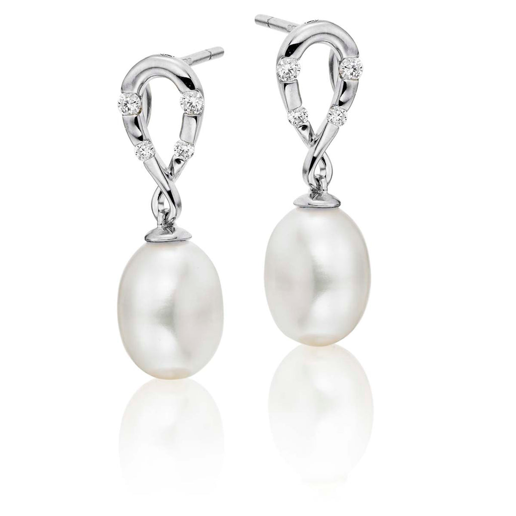 Infinity Freshwater pearl & diamond earrings in 18K white gold