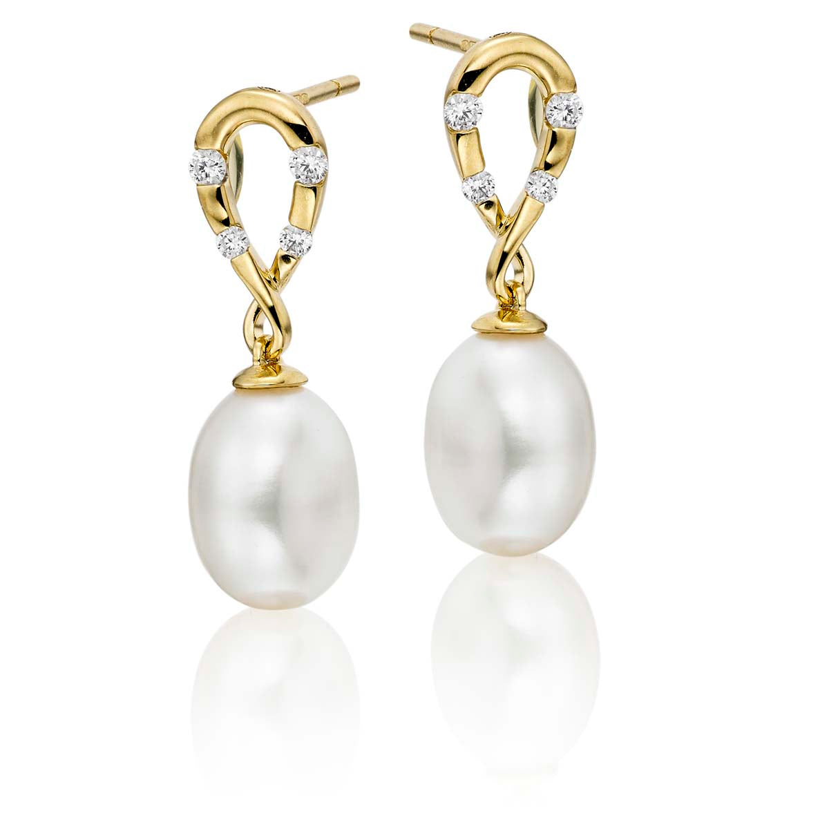 Infinity Freshwater pearl & diamond earrings in 18K yellow gold
