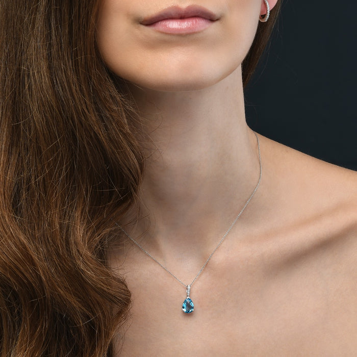 3.00ct Blue Topaz With 0.05ct Diamond Pendant In 9K White Gold