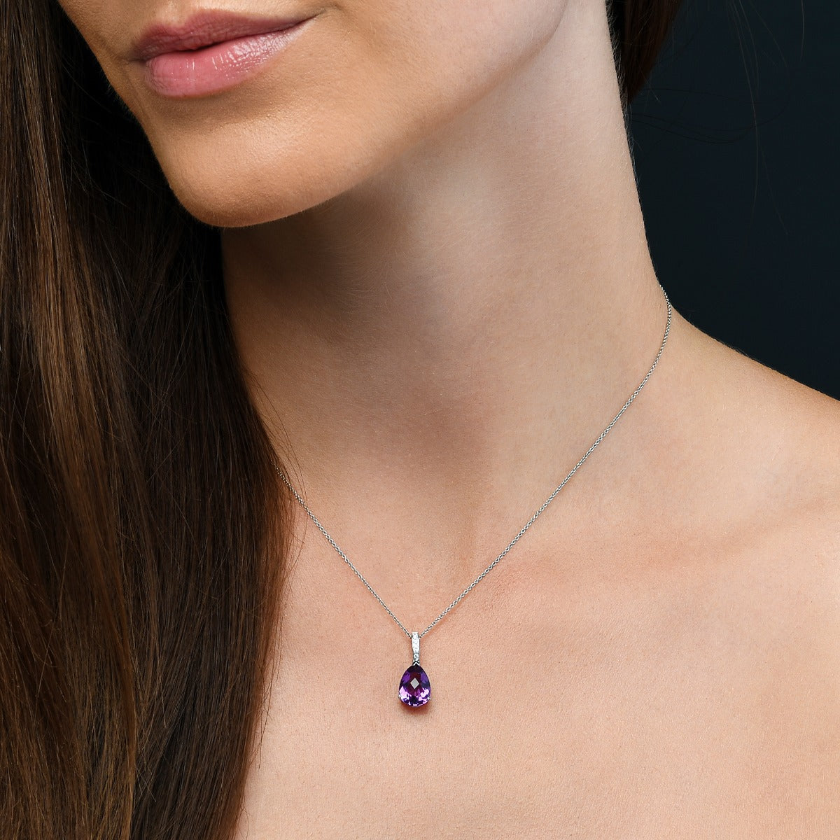 Pear shaped Amethyst with 0.05ct Diamond pendant necklace in 9K white gold