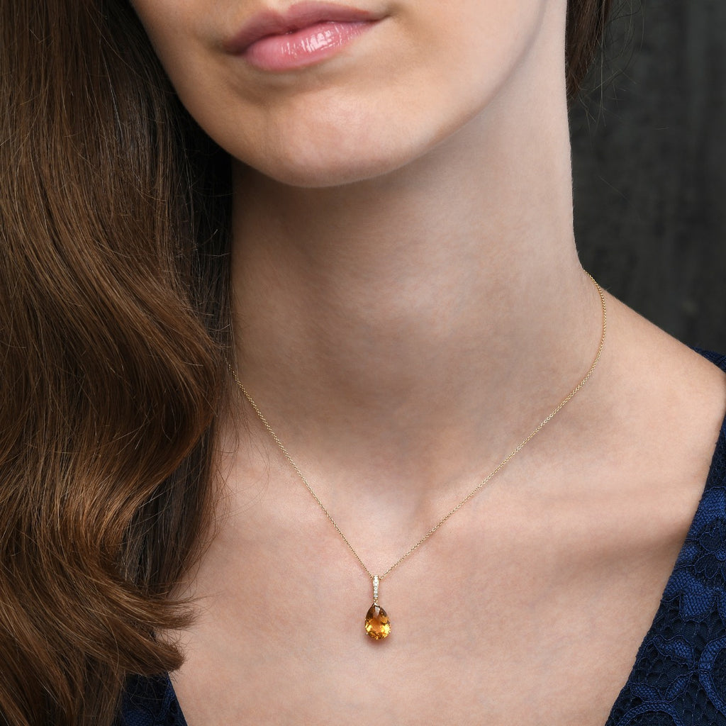 2.50ct Citrine Drop Pendant Necklace With Diamonds 9K Yellow Gold