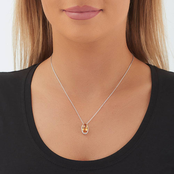 4.00ct Oval Citrine Pendant Necklace With Diamond Halo 18K White Gold