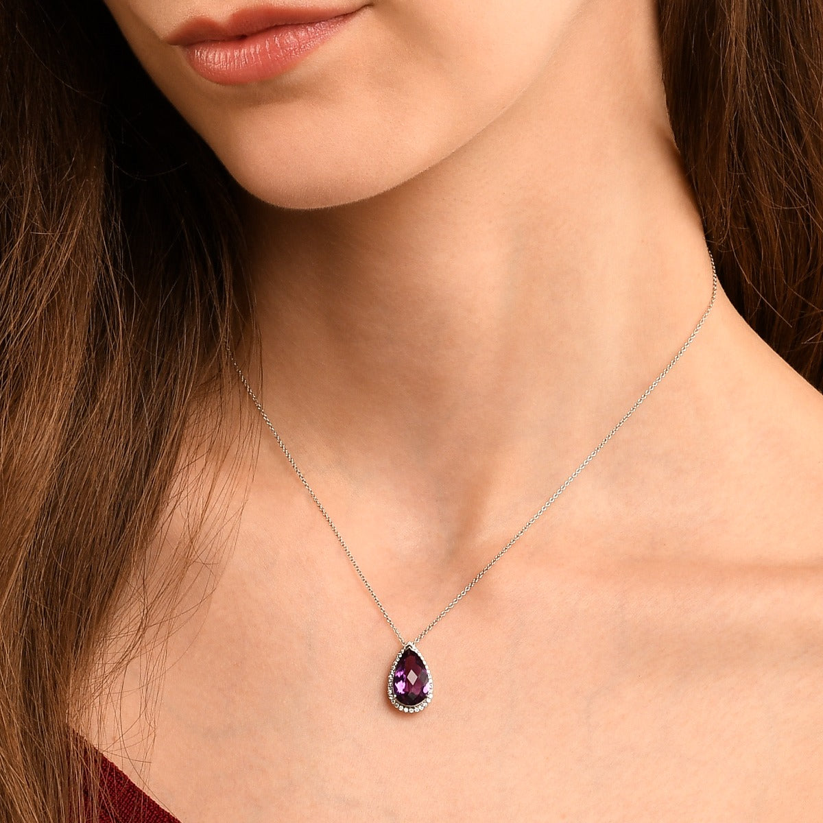 8mm x 13mm Amethyst with 0.17ct Diamond pendant in 9K white gold