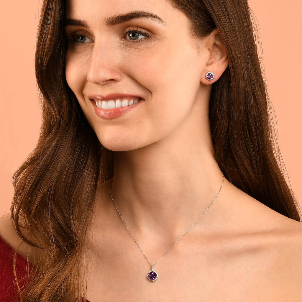 6mm x 6mm Amethyst and 0.16ct diamond stud earrings in 9K white gold