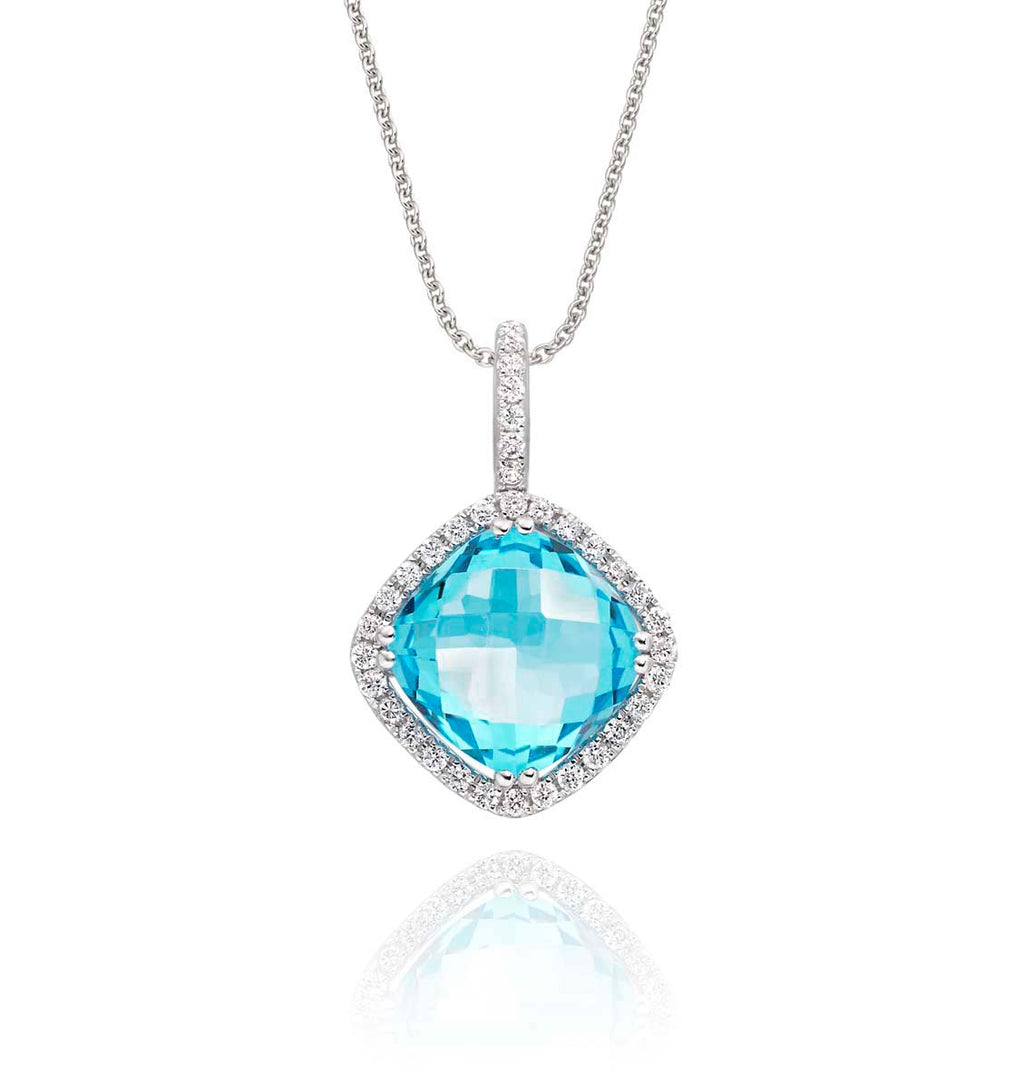 8mm x 8mm Blue Topaz with 0.14ct Diamond pendant in 9K white gold