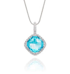8mm x 8mm Blue Topaz with 0.14ct Diamond pendant in 9K white gold