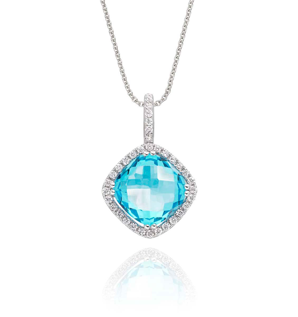 8mm x 8mm Blue Topaz with 0.14ct Diamond pendant in 9K white gold
