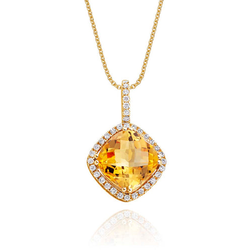 2.15ct Cushion Citrine Pendant Necklace With Diamonds 9K Yellow Gold