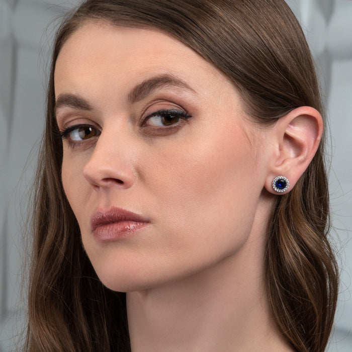 Sterling Silver Round Dark Blue Halo Stud Earrings