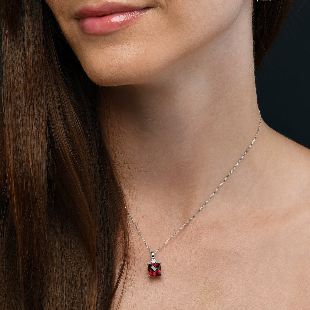 9mm x 9mm Garnet with 0.03ct Diamond pendant in 18K white gold