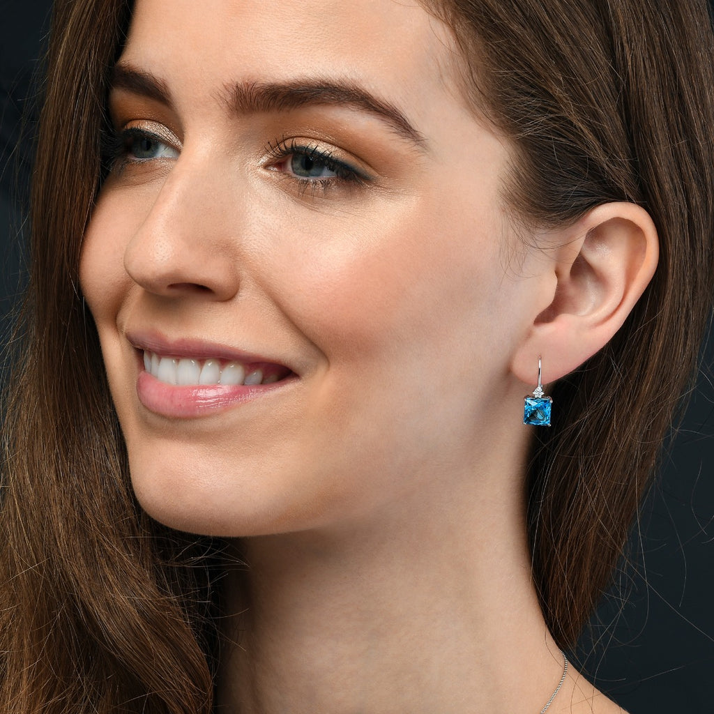 9mm x 9mm square Blue Topaz and 0.06ct diamond drop earrings in 9K white gold 