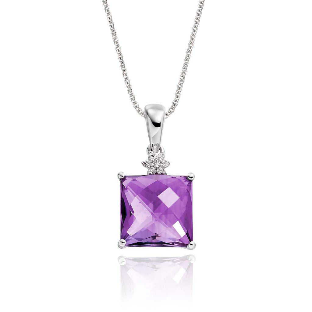 9mm x 9mm Amethyst with 0.03ct Diamond pendant in 9K white gold