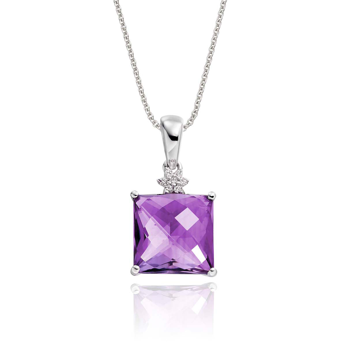 9mm x 9mm Amethyst with 0.03ct Diamond pendant in 9K white gold