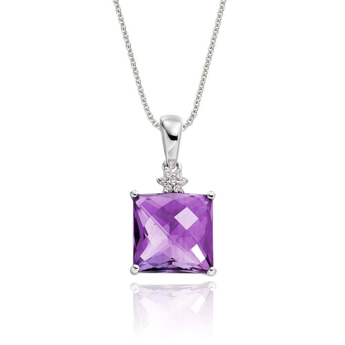 9mm x 9mm Amethyst with 0.03ct Diamond pendant in 9K white gold