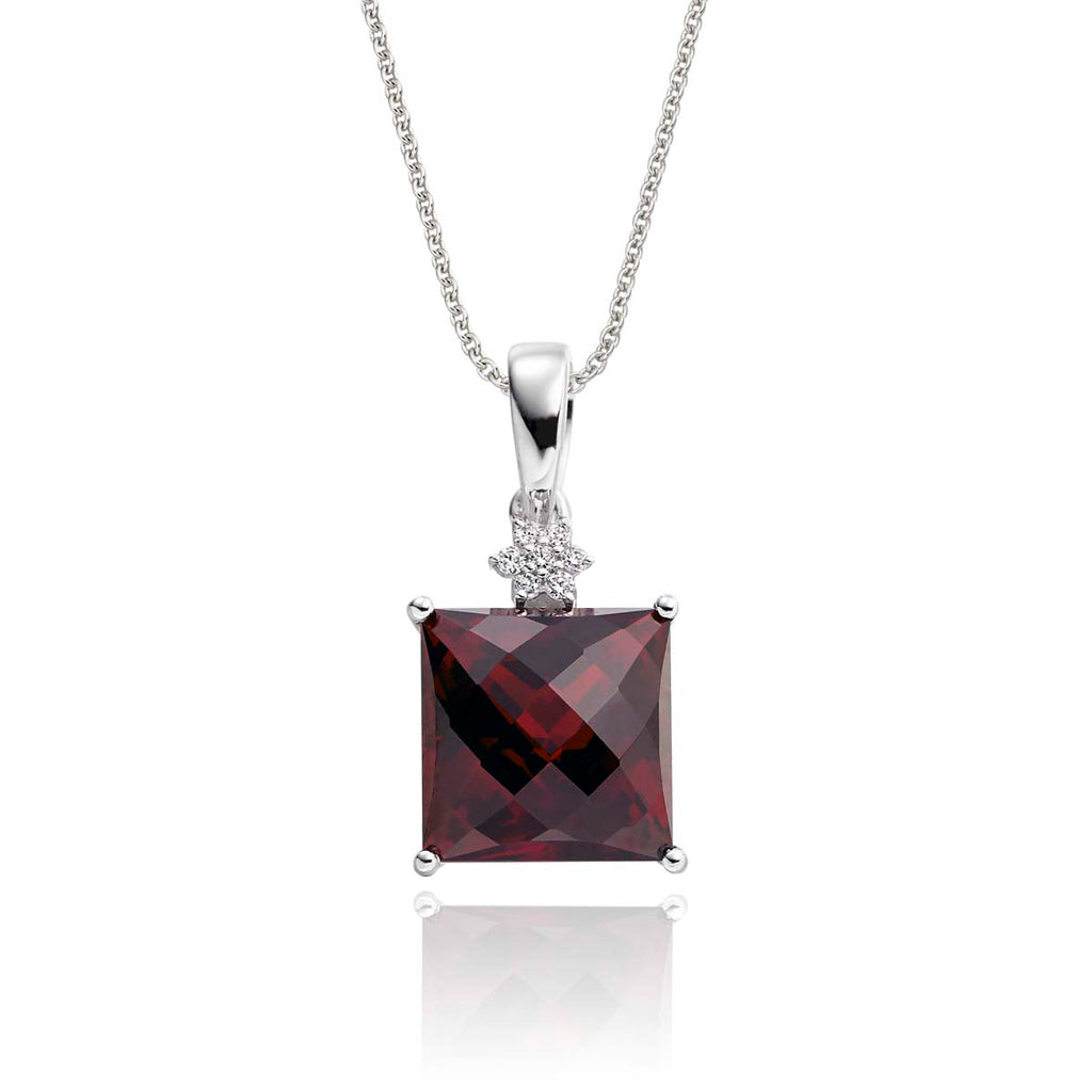 9mm x 9mm Garnet with 0.03ct Diamond pendant in 18K white gold