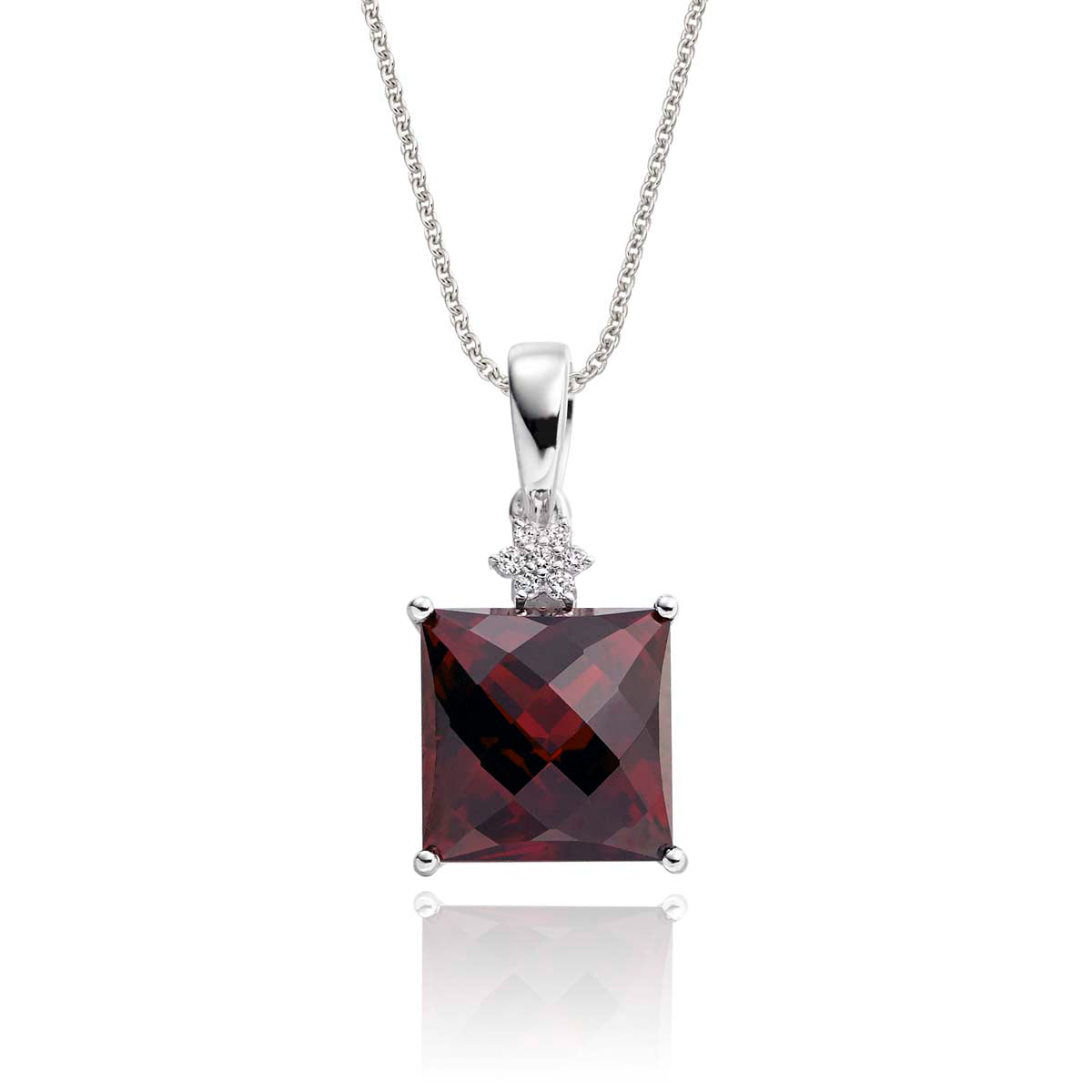 9mm x 9mm Garnet with 0.03ct Diamond pendant in 9K white gold