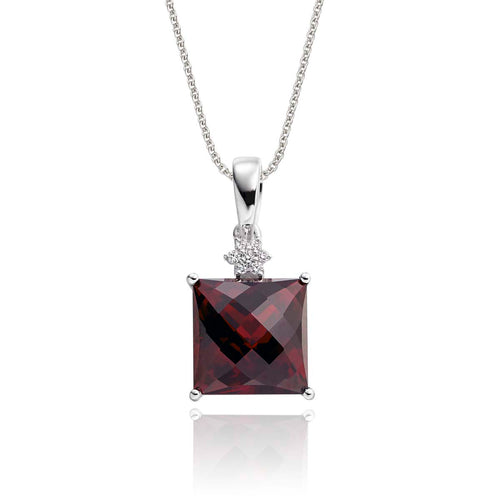 9mm x 9mm Garnet with 0.03ct Diamond pendant in 9K white gold