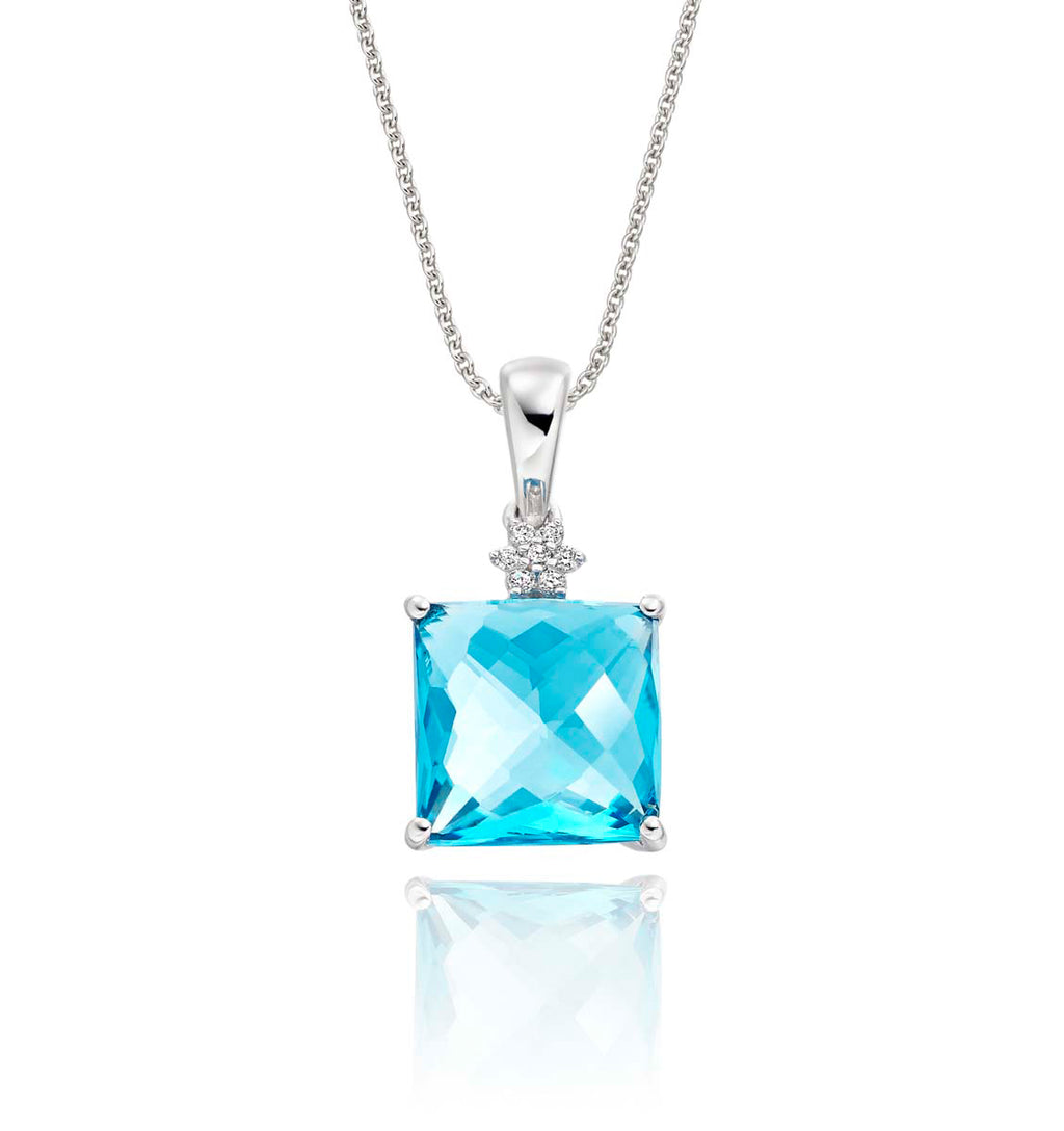 9mm x 9mm Blue Topaz with 0.03ct Diamond pendant in 9K white gold