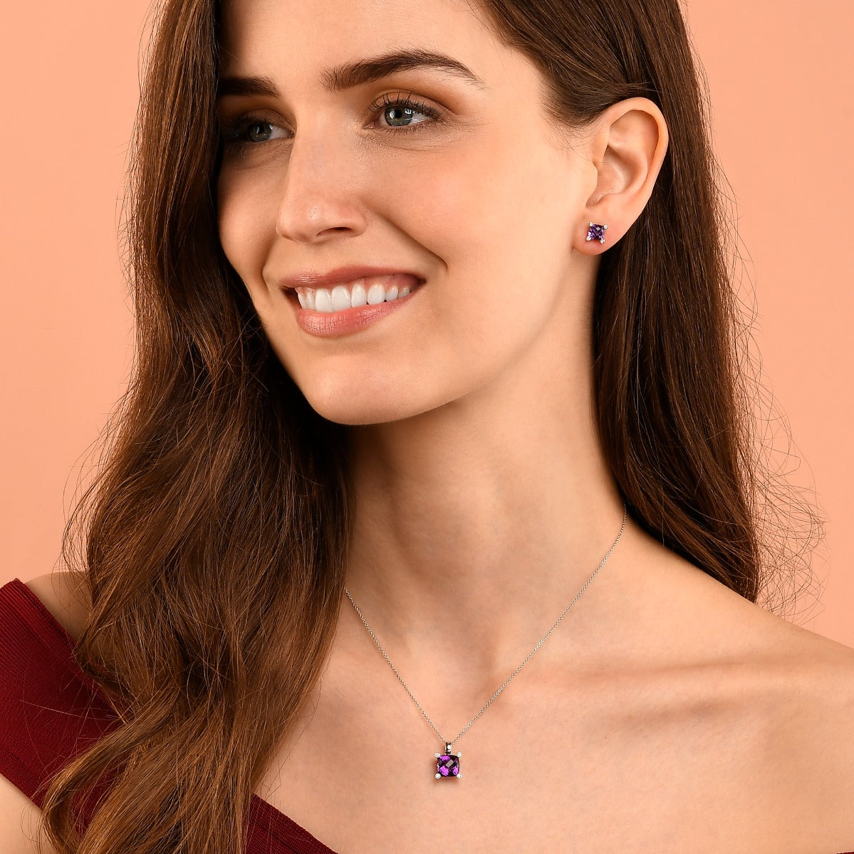 9mm x 9mm Cushion Amethyst with 0.03ct Diamond pendant in 9K white gold