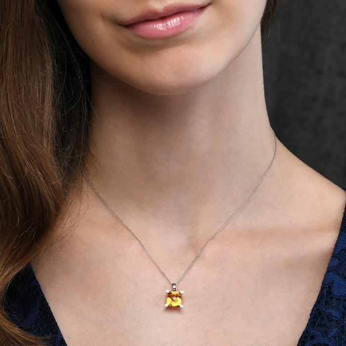 3.30ct Cushion Citrine Pendant Necklace With Diamonds 18K White Gold
