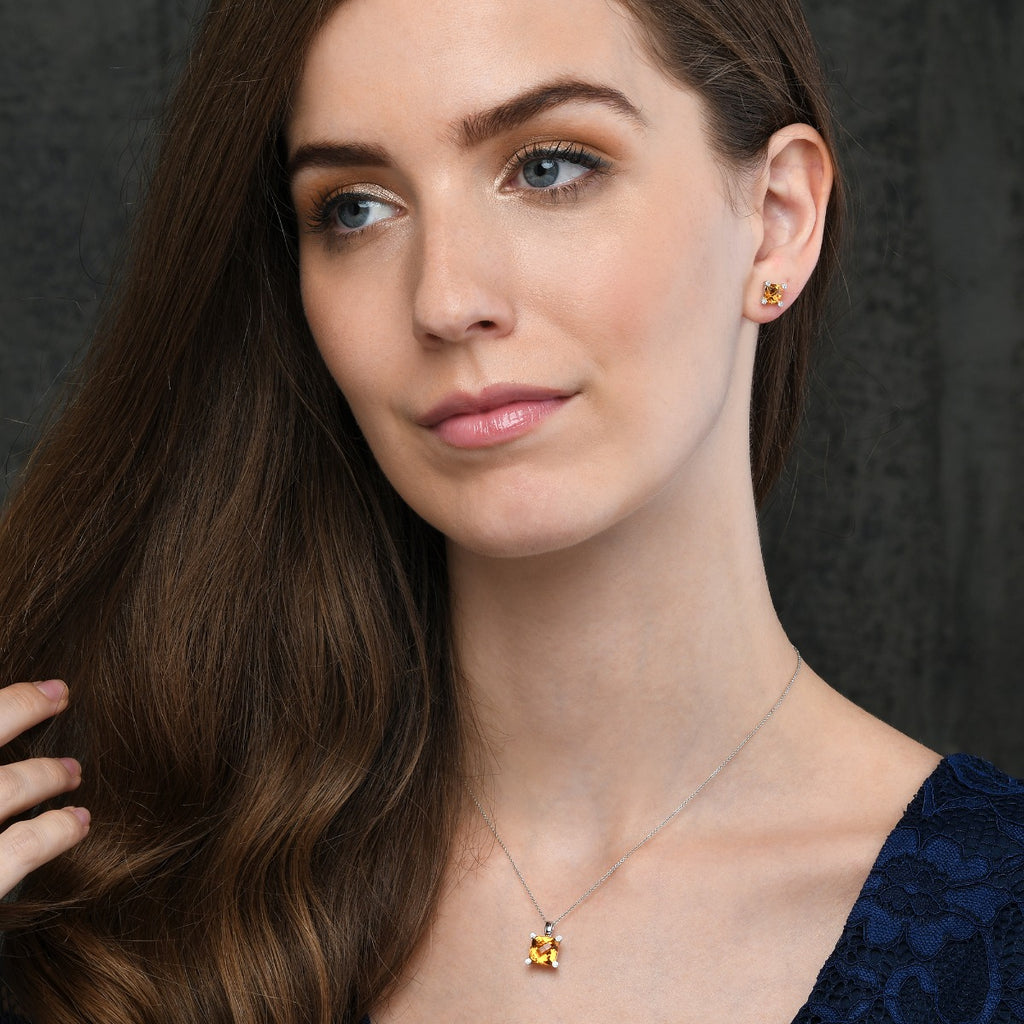 3.30ct Cushion Citrine Pendant Necklace With Diamonds 18K White Gold