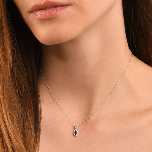 0.35ct Blue Sapphire Pendant Necklace 0.05ct Diamond 9K White Gold