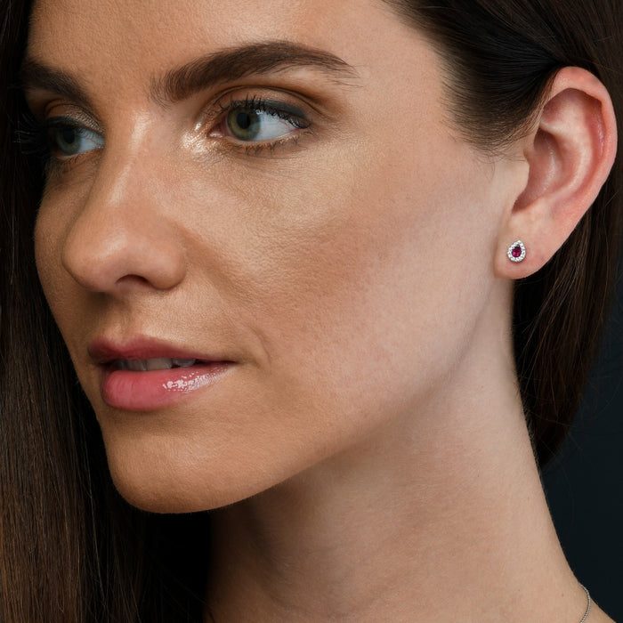 0.35ct Pear Ruby Earrings with Diamond Halo 18K White Gold