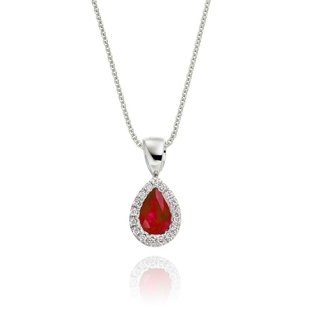 0.45ct Ruby Pendant Necklace 0.05ct Diamond 18K White Gold 