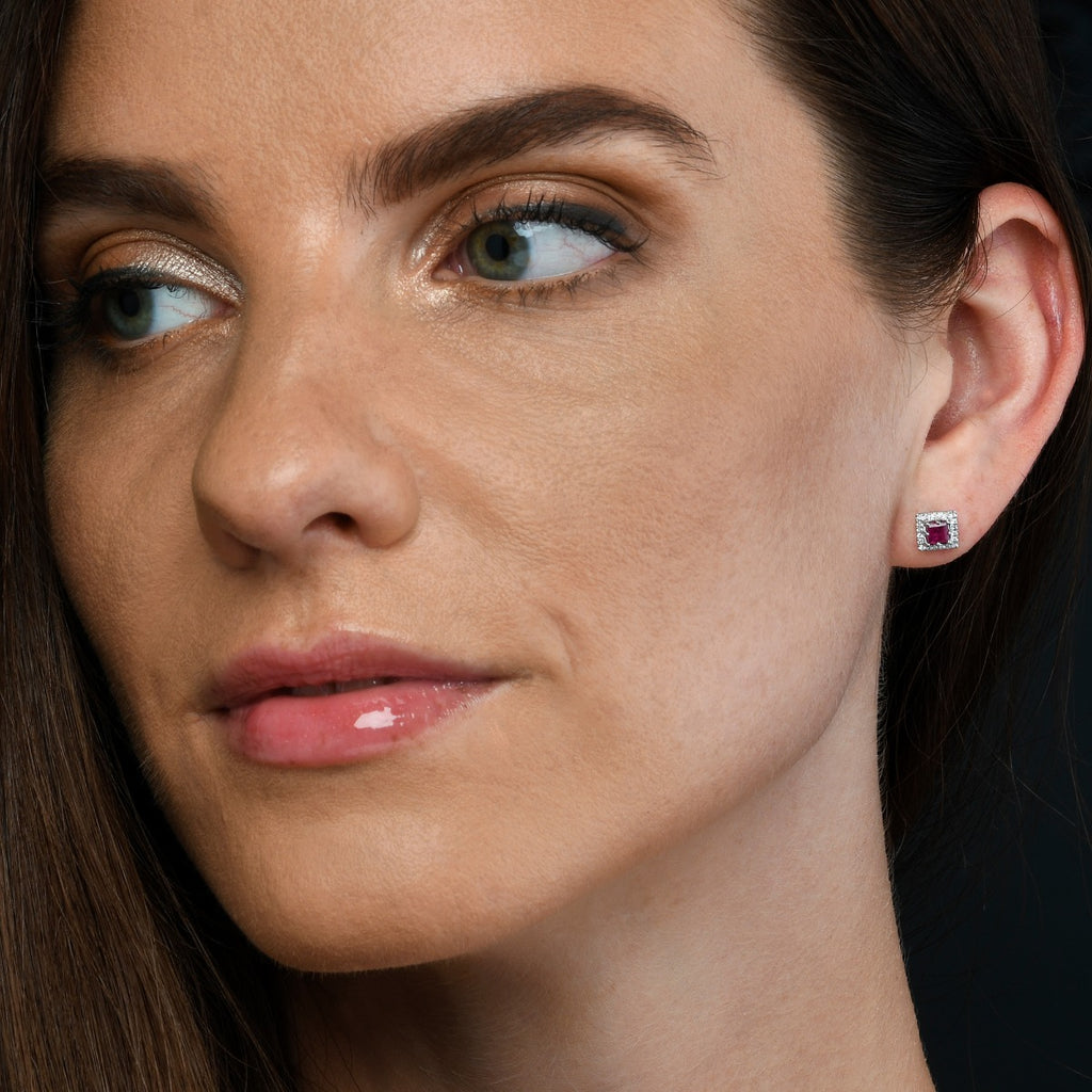 0.65ct Ruby Earrings with Diamond Halo 9K White Gold