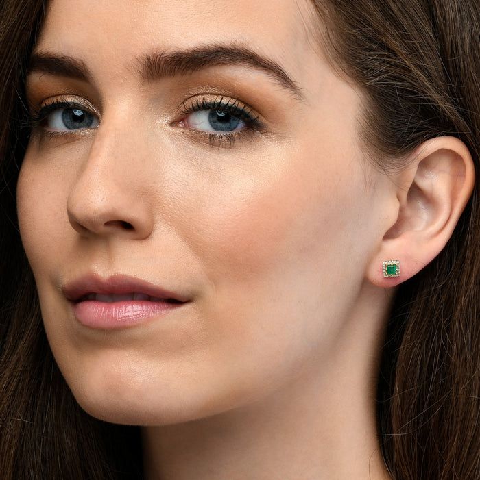 0.40ct Emerald Earrings with Diamond Halo 9K Yellow Gold