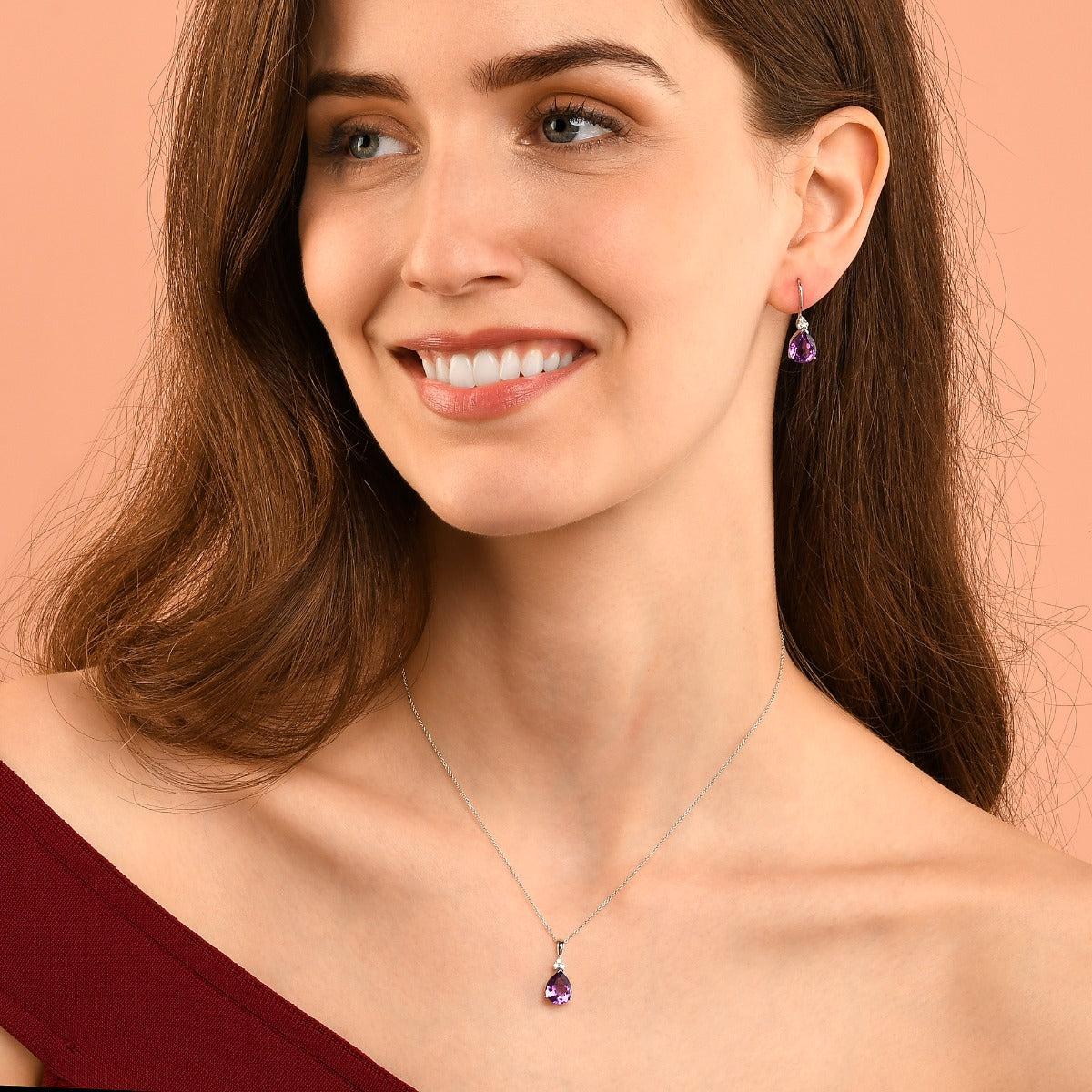 8mm x 10mm Pear Amethyst with 0.05ct Diamond pendant in 9K white gold