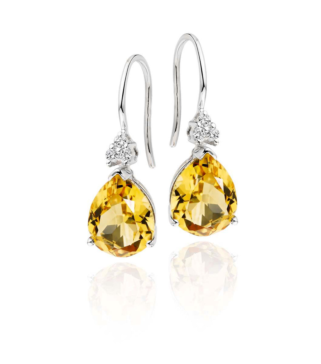 8mm x 10mm Pear shape Citrine and 0.10ct diamond earrings in 9K white gold