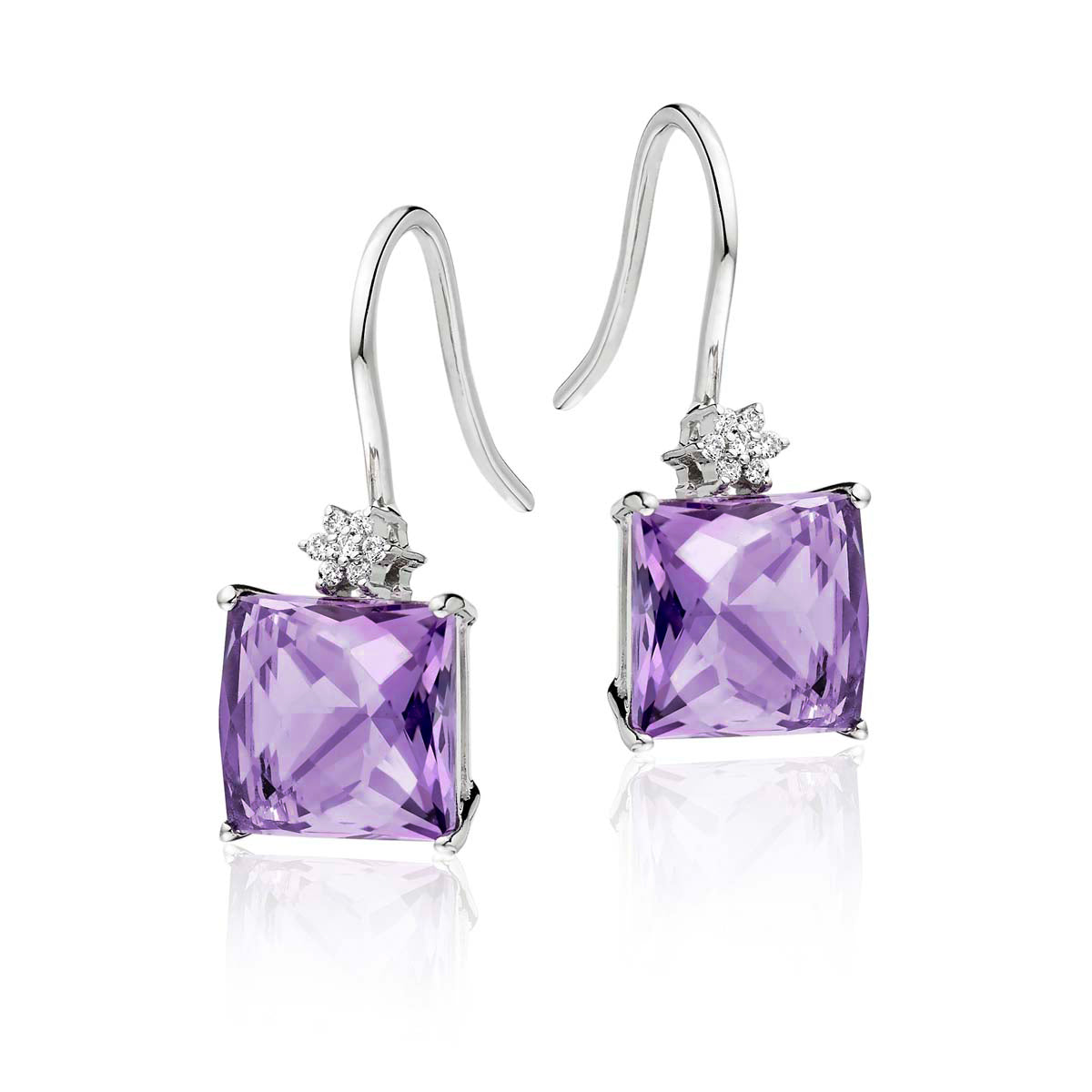9mm x 9mm Amethyst and 0.06ct diamond frop earrings in 18K white gold
