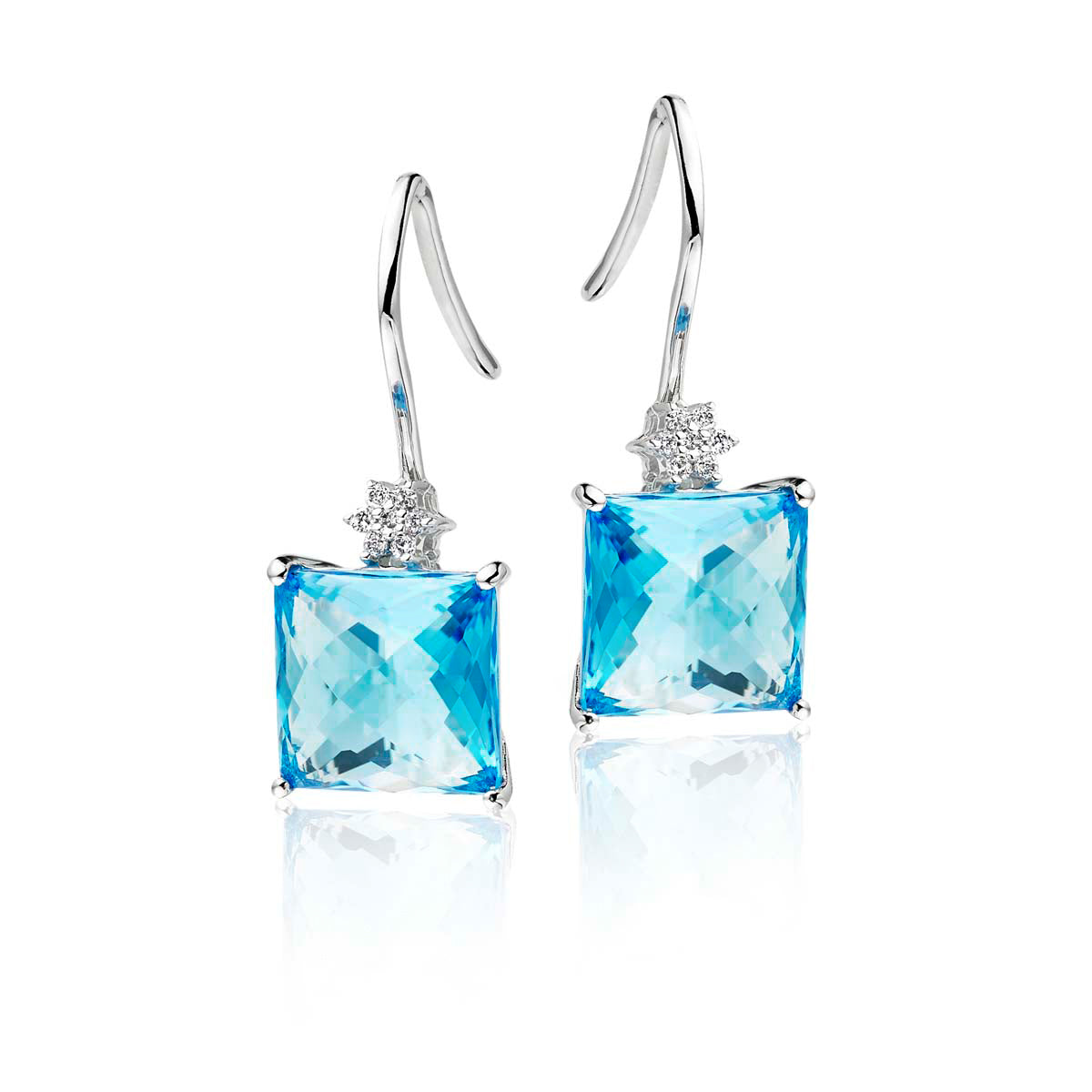 9mm x 9mm Blue Topaz and 0.06ct diamond earrings in 9K white gold 