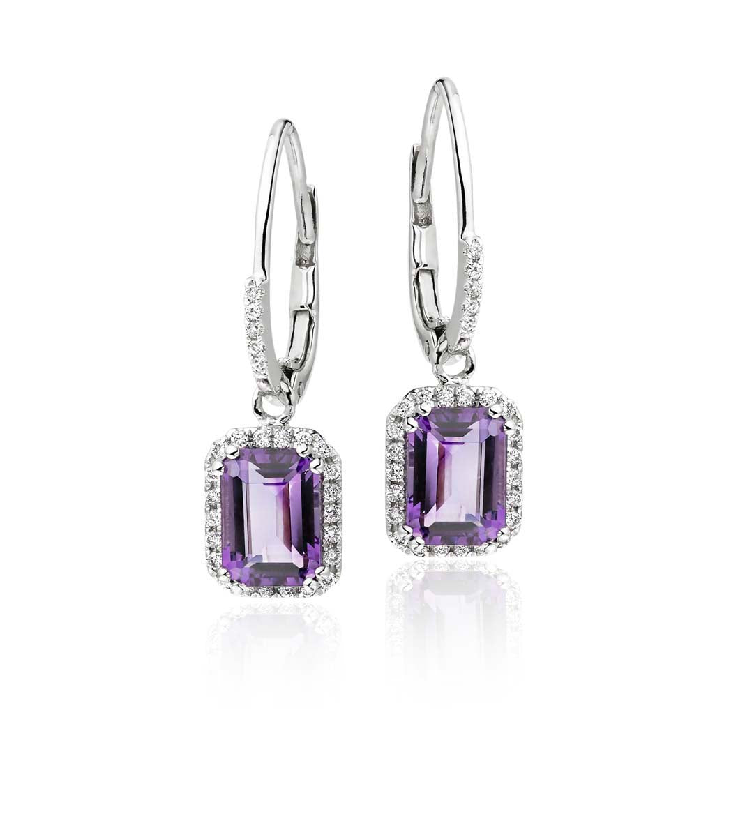 5mm x 7mm Amethyst and 0.20ct diamond earrings in 9K white gold