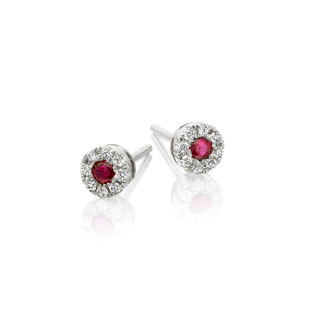 0.12ct Ruby Stud Earrings with Diamond Halo 18K White Gold
