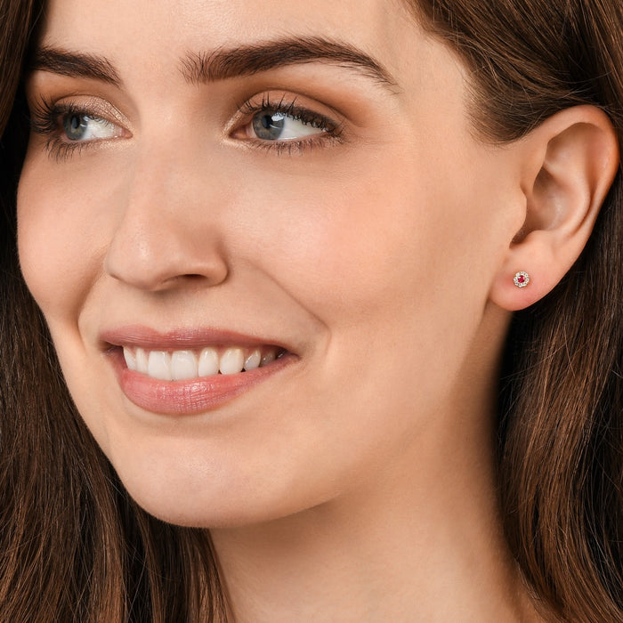 0.12ct Ruby Stud Earrings with Diamond Halo 9K Yellow Gold