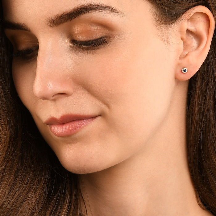 0.10ct Sapphire Stud Earrings with Diamond Halo 9K Yellow Gold