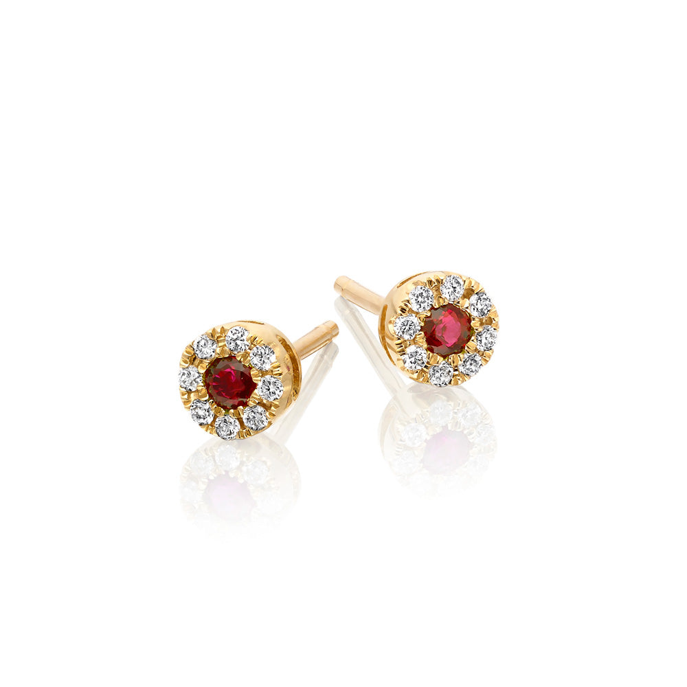 0.12ct Ruby Stud Earrings with Diamond Halo 18K Yellow Gold