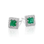 Square Emerald and 0.11ct diamond stud earrings in 18K white gold