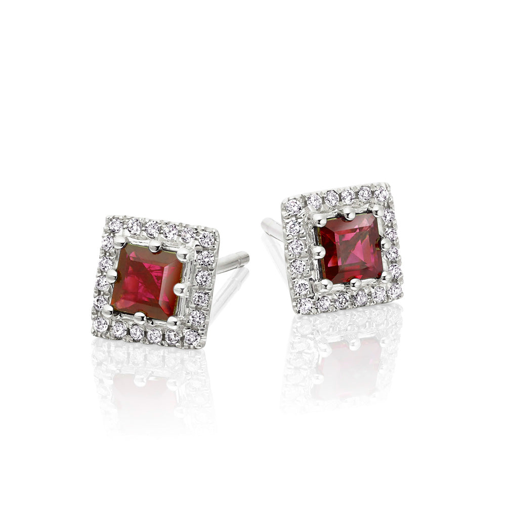 0.65ct Ruby Earrings with Diamond Halo 18K White Gold