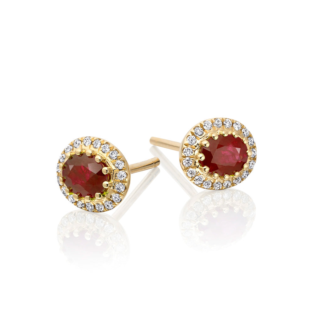 0.65ct Oval Ruby Earrings with Diamond Halo 18K Yellow Gold