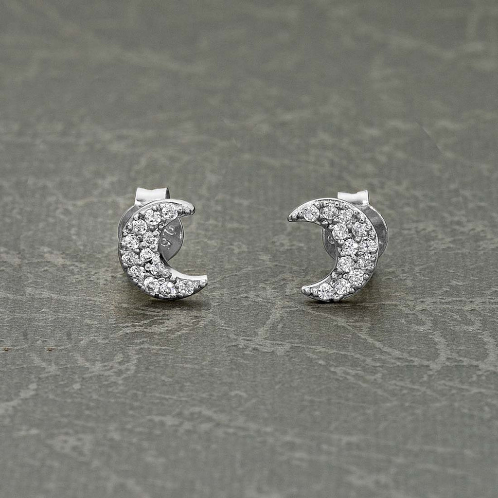 Crescent Moon Earrings in Sterling Silver set with Cubic Zirconia
