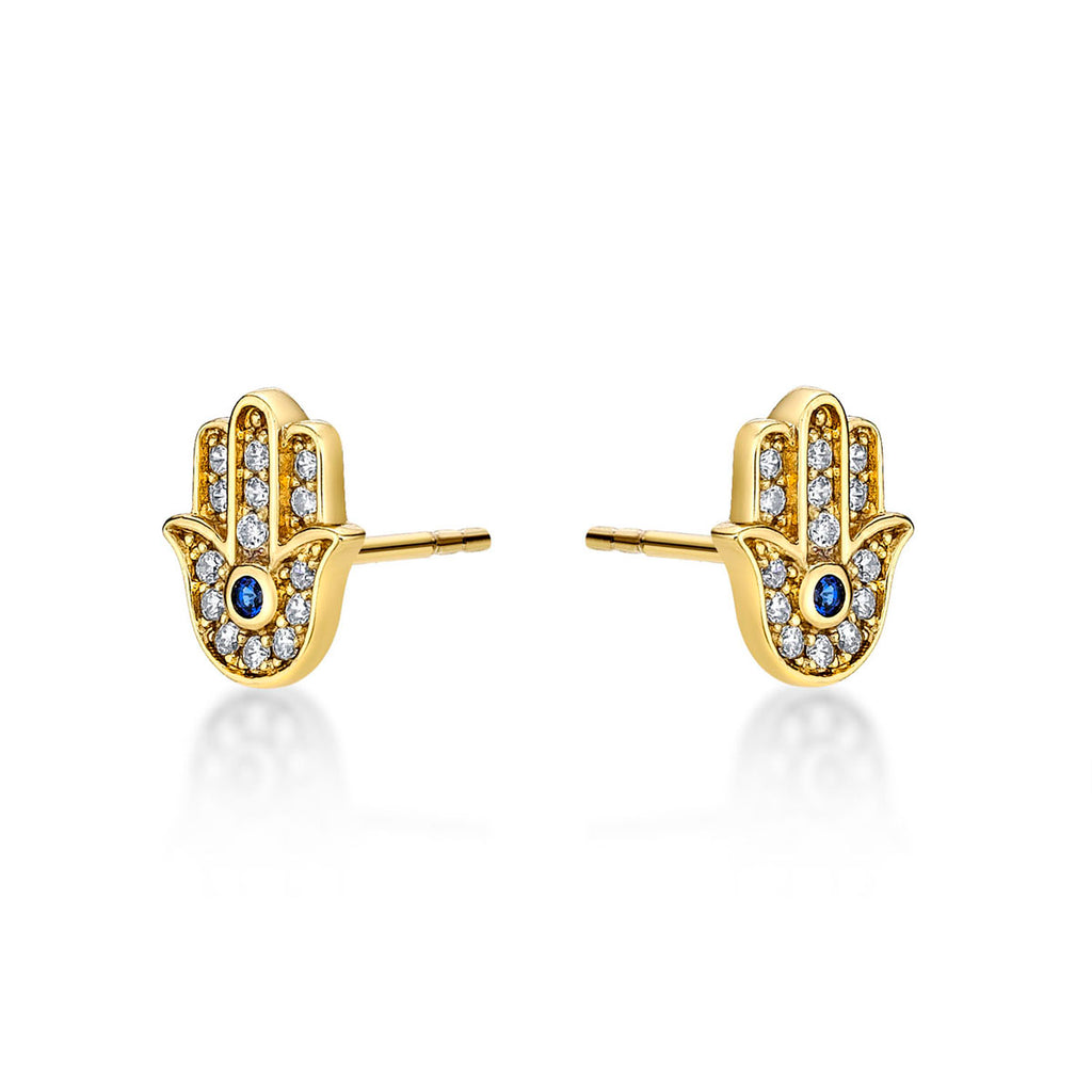 Yellow Gold Plated Sterling Silver Hamza Hand Earrings with Cubic Zirconia