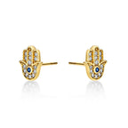 Yellow Gold Plated Sterling Silver Hamza Hand Earrings with Cubic Zirconia