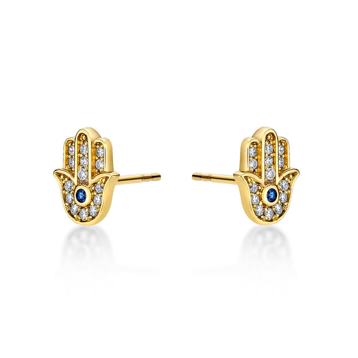 Yellow Gold Plated Sterling Silver Hamza Hand Earrings with Cubic Zirconia