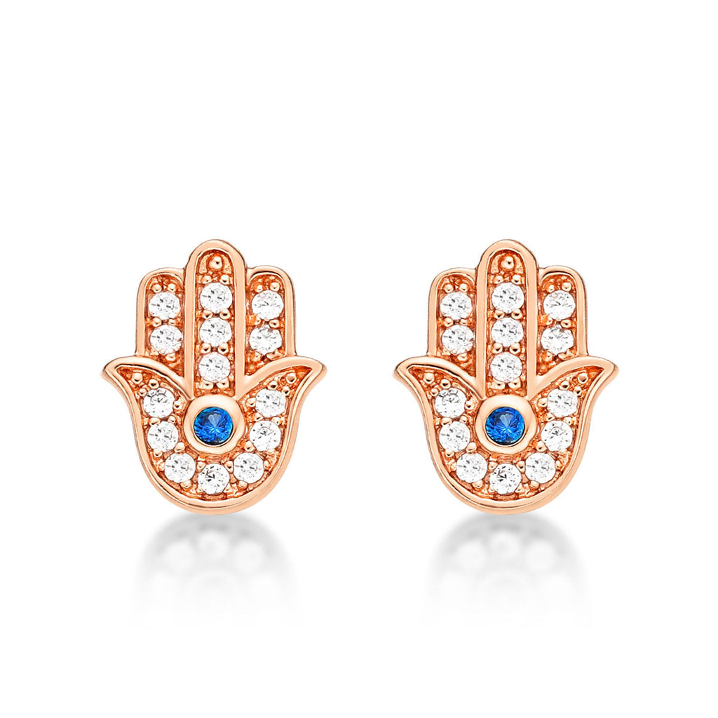 Rose Gold Plated Sterling Silver Hamza Hand Earrings with Cubic Zirconia