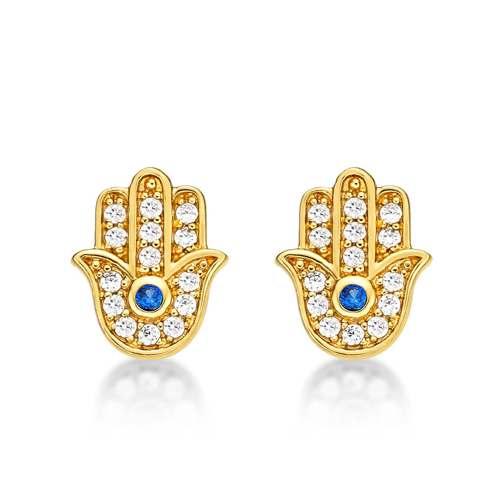 Yellow Gold Plated Sterling Silver Hamza Hand Earrings with Cubic Zirconia